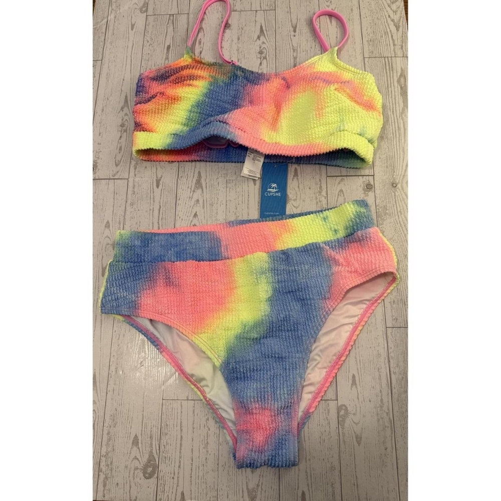 Cupshe Women's multi Tie-Dye High Waist Candy Rainbow Bikini Set